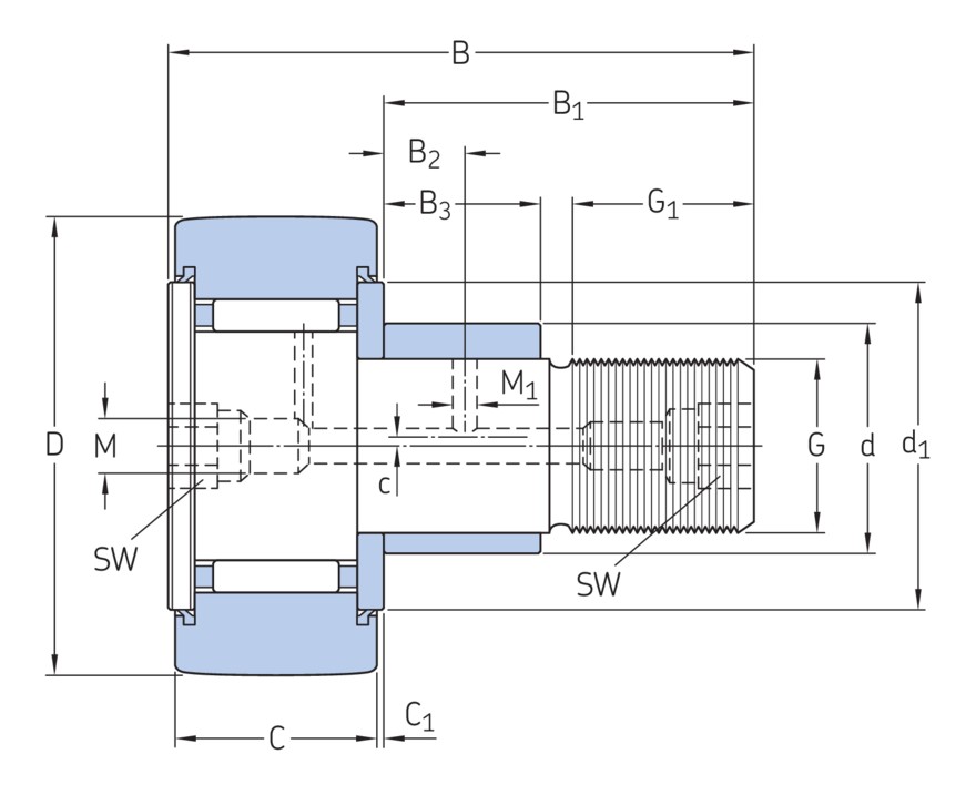 Опорный ролик с цапфой на основе роликоподшипника с эксцентриковым кольцом, встроенным уплотнением и элементами для повторного смазывания
