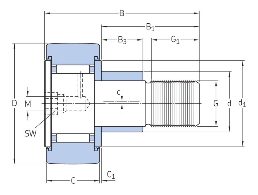 Опорный ролик с цапфой на основе роликоподшипника с эксцентриковым кольцом, встроенным уплотнением и элементами для повторного смазывания