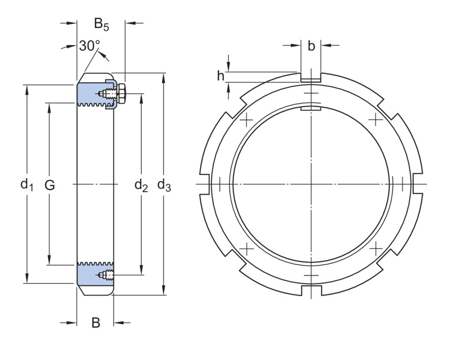 Стопорная гайка HM с метрической трапецеидальной резьбой, фиксируется на валу с помощью стопорных бугелей типа MS