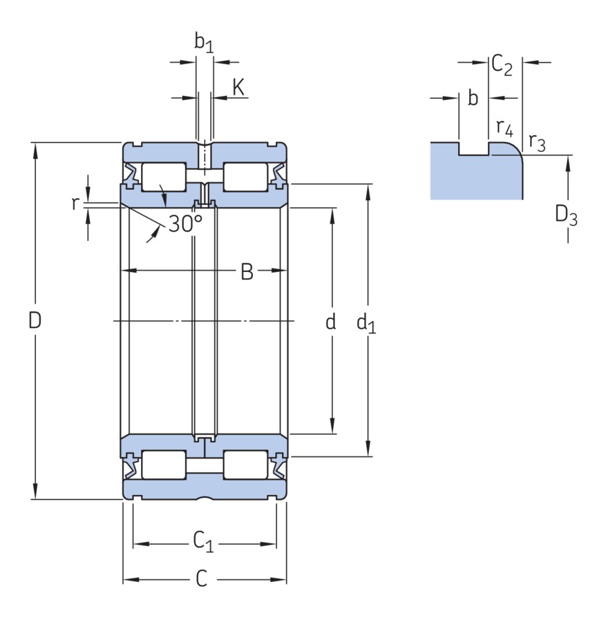 Двухрядный бессепараторный цилиндрический роликоподшипник типа NNF с встроенным уплотнением и элементами для повторного смазывания