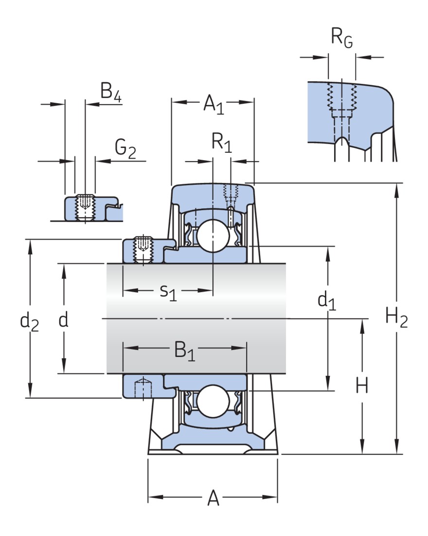 Стационарный шарикоподшипниковый узел с коротким основанием с узким внутренним кольцом и с эксцентриковым стопорным кольцом, чугун