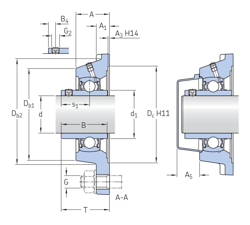 Шарикоподшипниковый узел с фланцем с тремя крепёжными болтами, с широким внутренним кольцом и фиксацией при помощи закрепительной втулки, чугун, стандарты JIS
