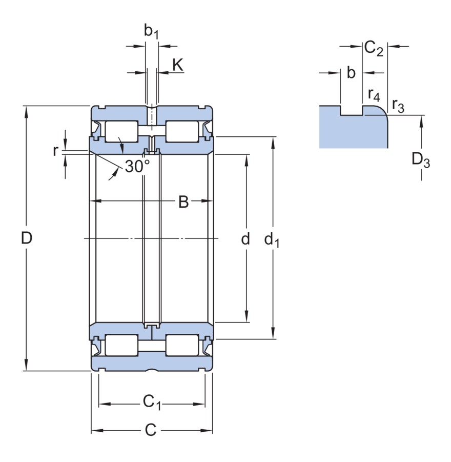 Двухрядный бессепараторный цилиндрический роликоподшипник типа NNF с встроенным уплотнением и элементами для повторного смазывания