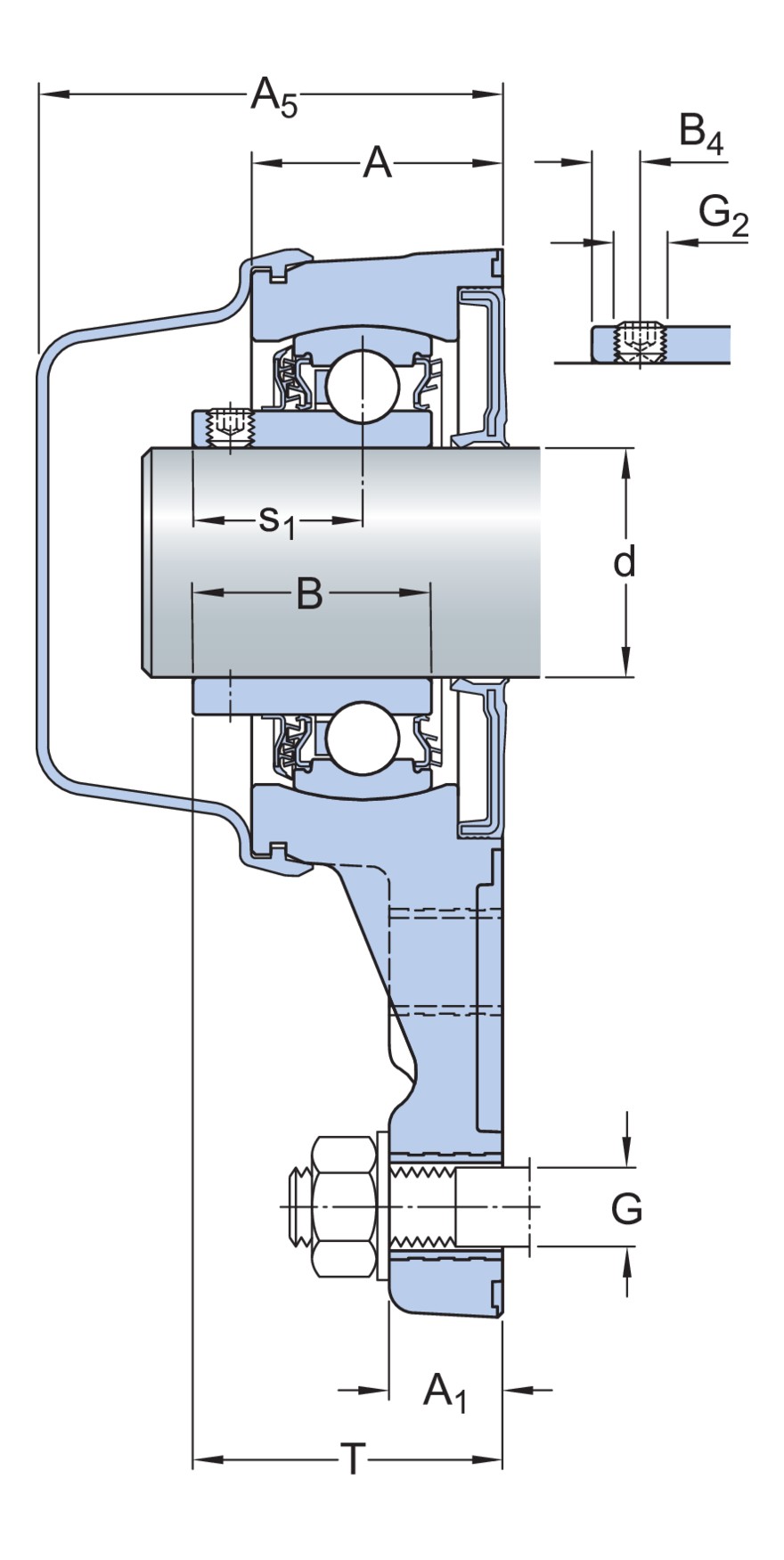 Шарикоподшипниковый узел с фланцем с тремя крепёжными болтами, с узким внутренним кольцом и фиксацией с помощью установочных винтов, композит