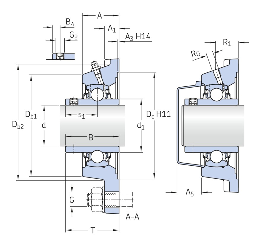 Шарикоподшипниковый узел с фланцем с тремя крепёжными болтами, с широким внутренним кольцом и фиксацией при помощи закрепительной втулки, чугун, стандарты JIS